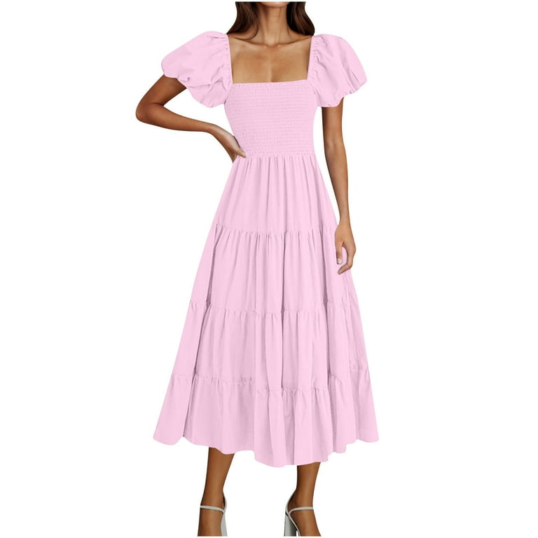 PiGOGI Women's Puff Sleeve Dress Long Solid Color Loose Fit Casual