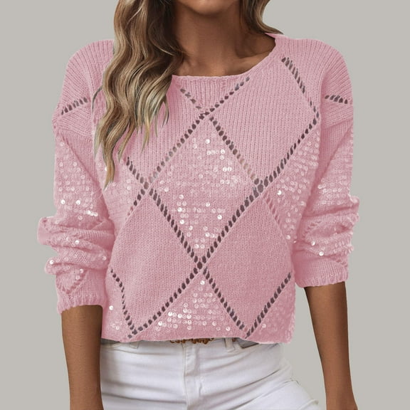 PiGOGI Women's Pullover Loose Fashion Hollow Sequin Knit Round Neck Sweater Pink M