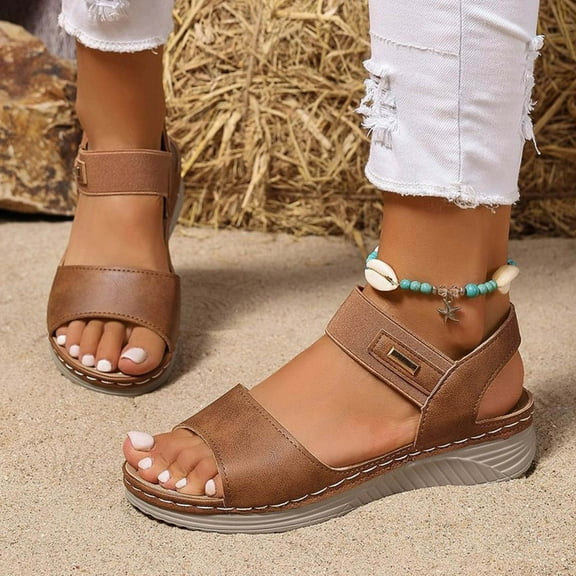 PiGOGI Women's Retro One-Strap Flat Sandals - Breathable Summer Casual Shoes with Adjustable Buckle - Comfortable PU Leather Slide Sandals for Women Brown
