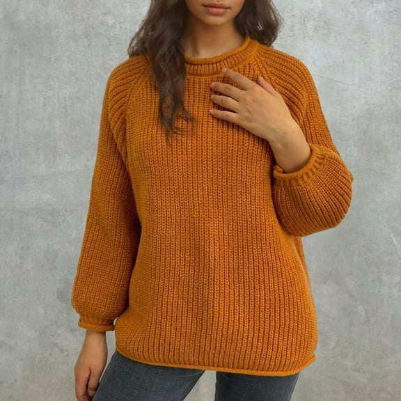 PiGOGI Women's Rolled Edge Pullover Round Neck Long Sleeve Sweater Casual Comfortable Knit Top Orange L