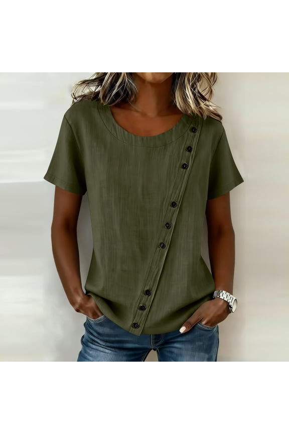 Women’s Round Neck Asymmetric Button Loose Linen Short Sleeve Top Army Green S