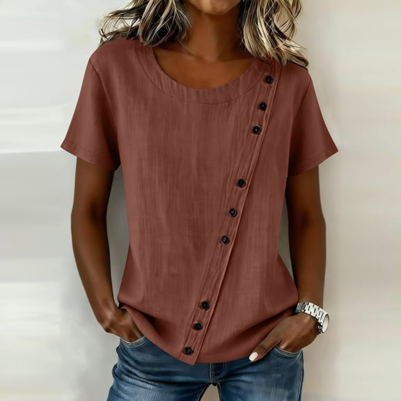 PiGOGI Women’s Round Neck Asymmetric Button Loose Linen Short Sleeve Top Bronze S