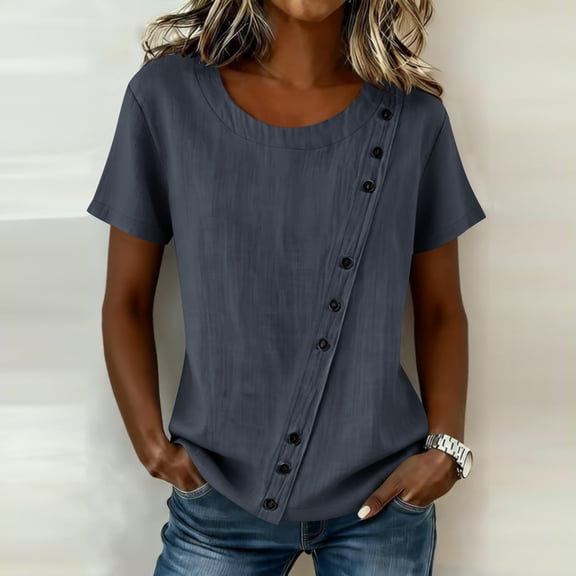 PiGOGI Women’s Round Neck Asymmetric Button Loose Linen Short Sleeve Top Gray S