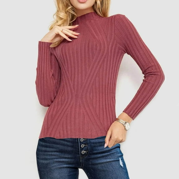 PiGOGI Women's Round Neck Knit Sweater Casual Solid Color Long Sleeve Base Layer Pullover Top Hot Pink S