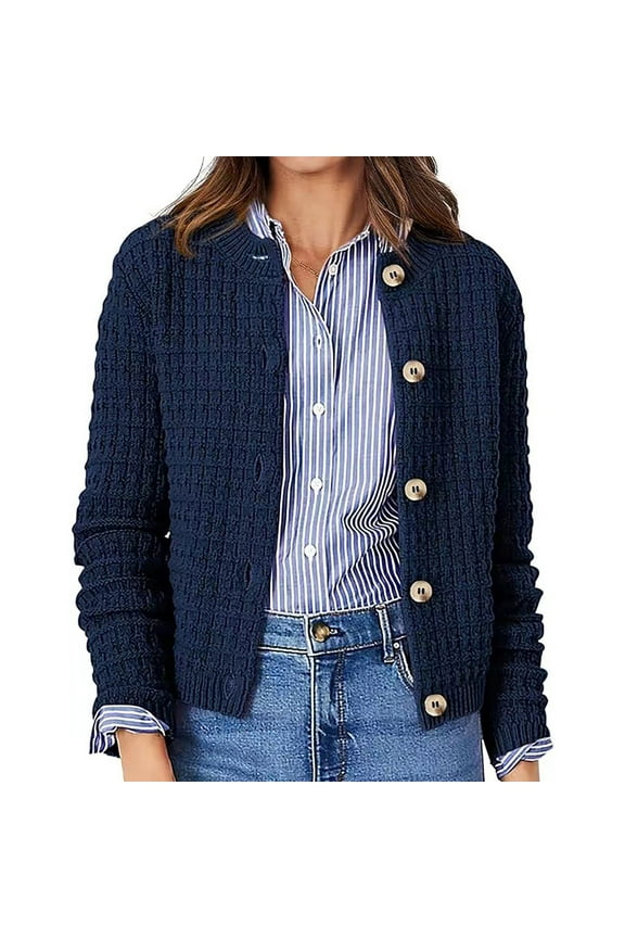 Women's Round Neck Knit Top Retro Casual Long Sleeve Cardigan Sweater Jacket Navy XXL