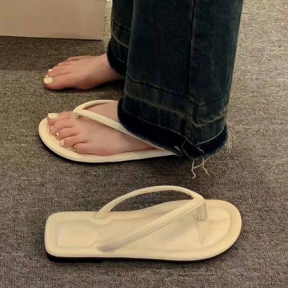 PiGOGI Women's Round Toe Flip Flops Cushioned Footbed Non-Slip Comfortable Beach Sandals Summer Beige 5.5