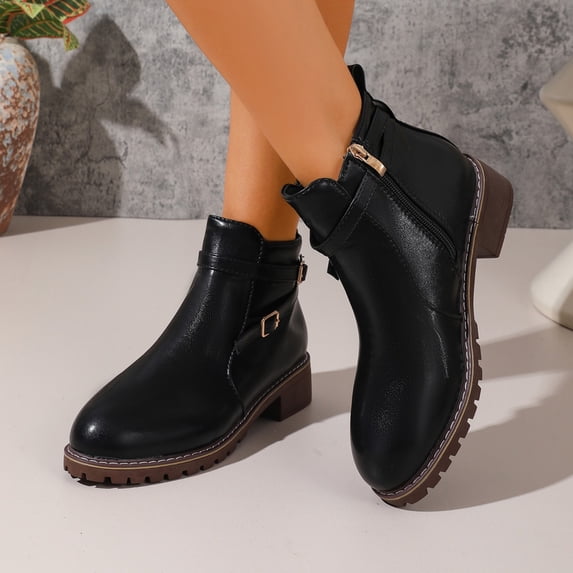 PiGOGI Women's Round Toe Short Boots Belt Buckle Side Zipper Thick Heel Winter for Casual Black 6.5