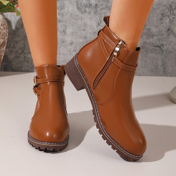 PiGOGI Women's Round Toe Short Boots Belt Buckle Side Zipper Thick Heel Winter for Casual Brown 9