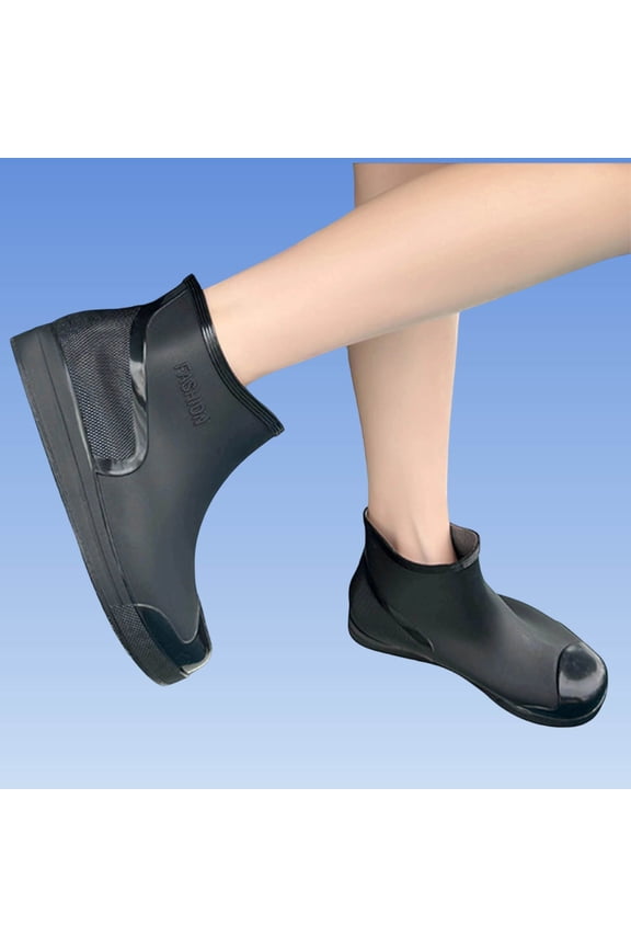 Women's Short Rain Boots Round Toe Waterproof PVC Mid Calf Comfortable for Rainy Days Black 6