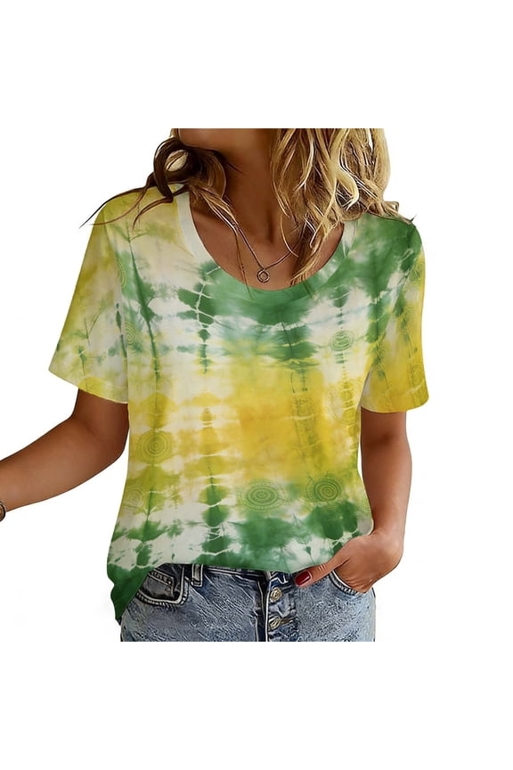 Women's Short Sleeve Shirt Funny Gradient Printed Round Neck Vintage Sports Yellow 3XL