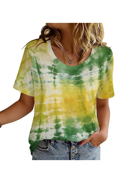 Women's Short Sleeve Shirt Funny Gradient Printed Round Neck Vintage Sports Yellow XL