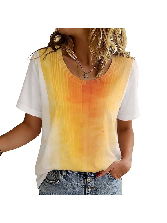 Women's Short Sleeve Shirt Gradient Printed Vintage Sports Round Neck Blouse Yellow S