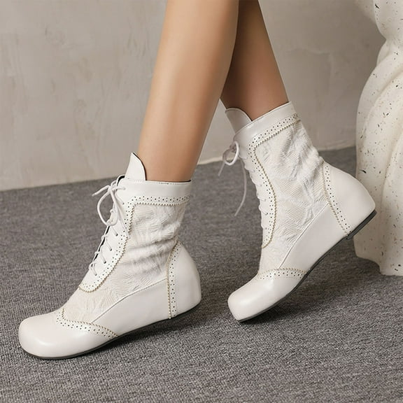 PiGOGI Women's Slouchy Ankle Boots, Lace Up Flat Boots for Women, Round Toe Winter Fashion Boots White 37