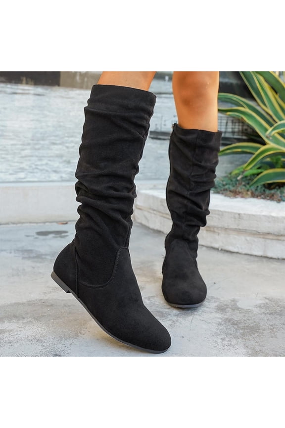 Women's Slouchy Mid Calf Boots for Women Flat Sole Faux Suede Winter Casual Over the Knee Boho Fashion Boots Black 39