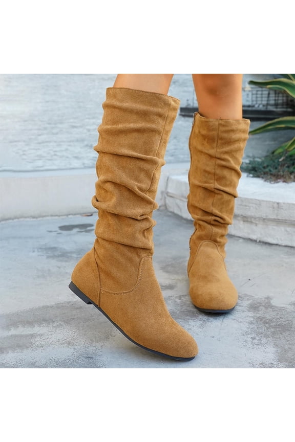 Women's Slouchy Mid Calf Boots for Women Flat Sole Faux Suede Winter Casual Over the Knee Boho Fashion Boots Khaki 37