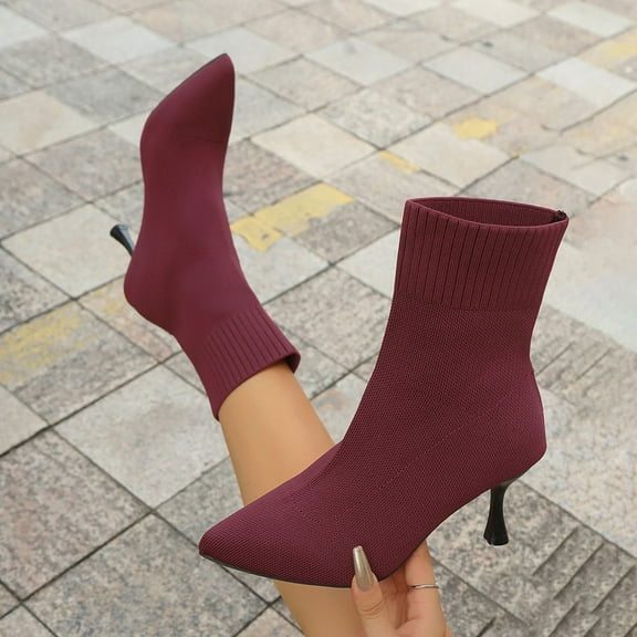 PiGOGI Women's Sock Boots for Women Knitted Stretch Square Toe High Heel Winter Casual Fashion Comfortable Short Boots Wine 41