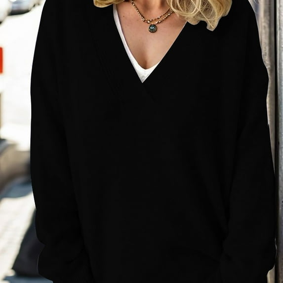 PiGOGI Women's Soft Knitted Pullover Sweater Long Sleeve Solid Color Tops Casual Loose Fit Fall Winter Comfortable Blouse Black L