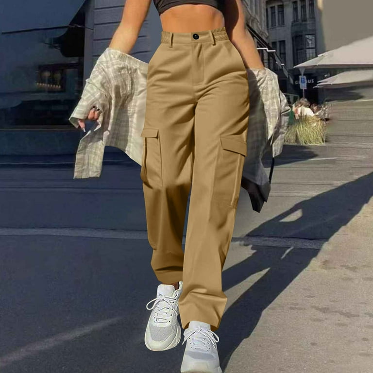 PiGOGI Women's Solid Casual Straight Pocket Work Pants Comfortable