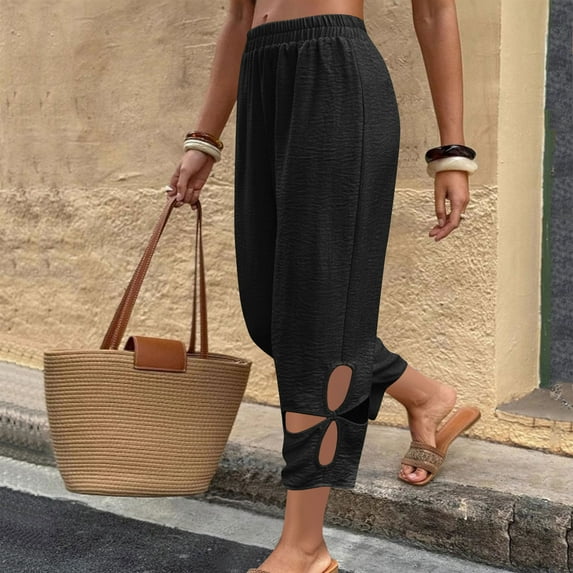 PiGOGI Women's Solid Color Casual Pants with Side Pockets - Hollow Out Design Comfortable Everyday Trousers Black XXL