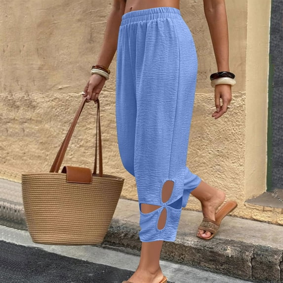 PiGOGI Women's Solid Color Casual Pants with Side Pockets - Hollow Out Design Comfortable Everyday Trousers Blue XL