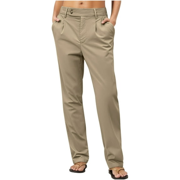 PiGOGI Women's Solid Color Casual Work Pants - Straight Leg Button Pocket Trousers for office Wear Beige M