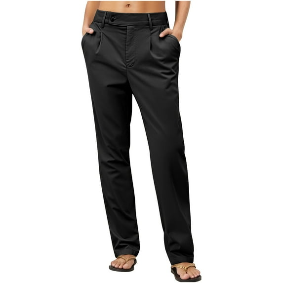 PiGOGI Women's Solid Color Casual Work Pants - Straight Leg Button Pocket Trousers for office Wear Black XL