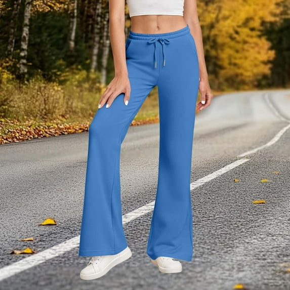 PiGOGI Women's Solid Color Elastic Waistband Pocket Drawstring Sports and Casual Sweatpants Long Lounge Pants for Women Blue 2XL