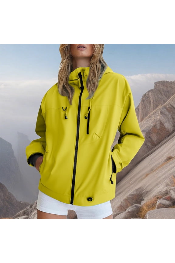 Women's Solid Color Hooded Long Sleeve Zip Pocket Top for Sports Fitness Yoga Lightweight Shower Jacket Yellow S
