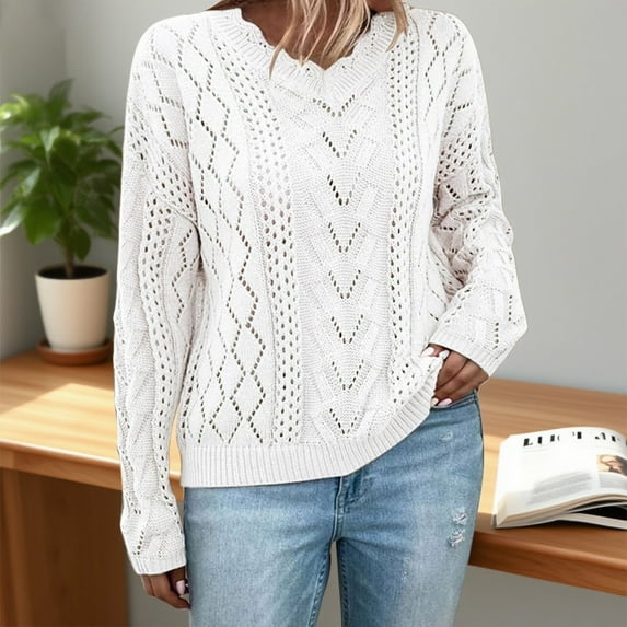 PiGOGI Women's Solid Color Knitted Hollow V-Neck Long Sleeve Sweater Top for Fall Winter Comfortable Pullover Blouse White M