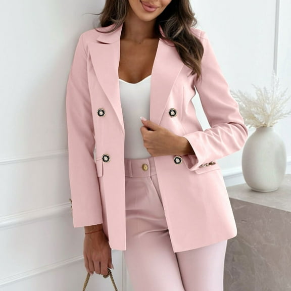 PiGOGI Women's Solid Color Lapel Long Sleeve Casual Suit Jacket Button Front Blazer for Daily Wear Pink XL