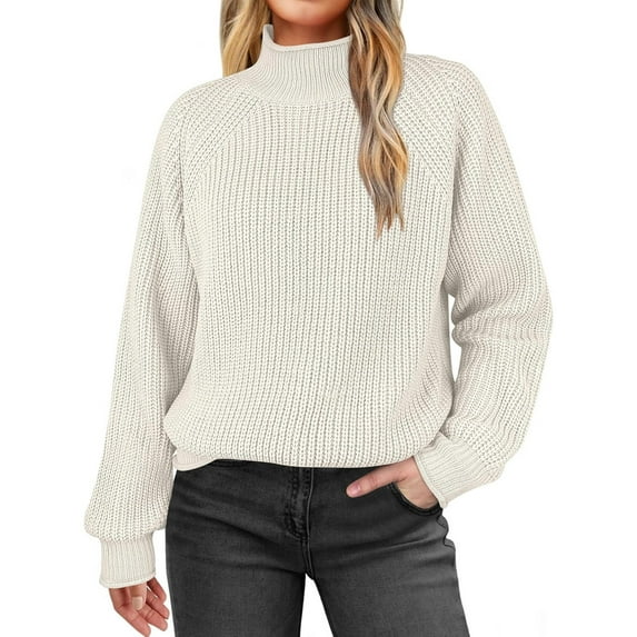PiGOGI Women's Solid Color Pullover High Collar Knit Sweater Top Casual Comfortable Beige XXL