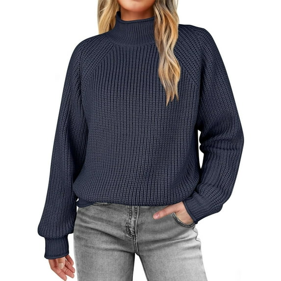 PiGOGI Women's Solid Color Pullover High Collar Knit Sweater Top Casual Comfortable Navy XL