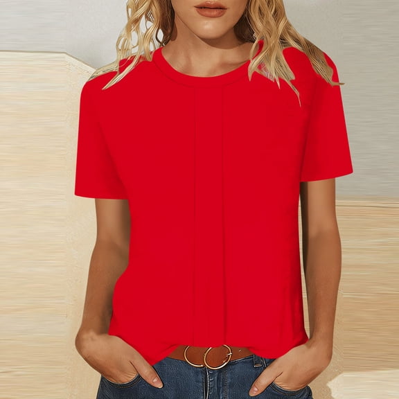 PiGOGI Women's Solid Color Round Neck Short Sleeve T-Shirt Casual Loose Summer Top Plus Size Blouse Red 2XL