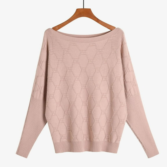 PiGOGI Women's Solid Color Straight Neckline Irregular Knit Pullover Sweater Top Pink