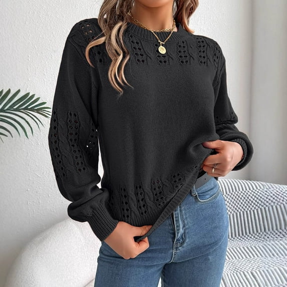 PiGOGI Women's Solid Color Sweater Round Neck Long Sleeve Pullover Casual Comfortable Knit Top Black M