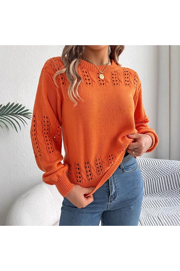 Women's Solid Color Sweater Round Neck Long Sleeve Pullover Casual Comfortable Knit Top Orange M