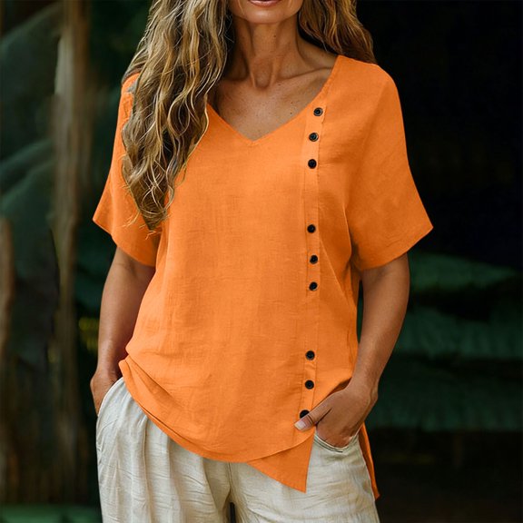 PiGOGI Women’s Solid Color V Neck Linen Button Irregular Hem Short Sleeve Top Orange S