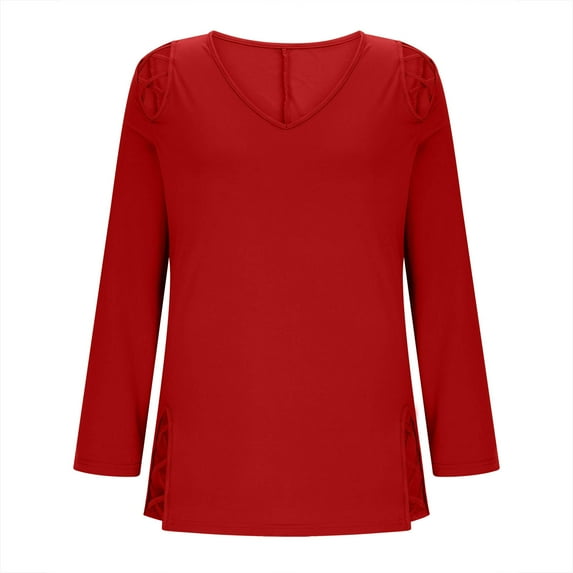 PiGOGI Women's Solid Color V-Neck Long Sleeve Pullover Blouse Casual Tops for Women Red 5XL