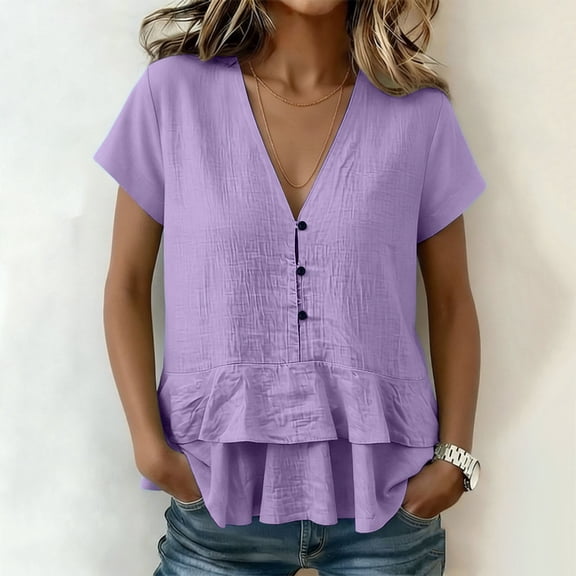 PiGOGI Women’s Solid Color V Neck Short Sleeve Lace Hem Linen Top Blouse Purple S