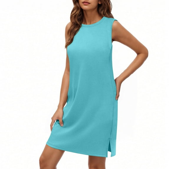 PiGOGI Women's Solid Dress - Sexy Round Neck Sleeveless Casual Comfortable All Occasion Flowy Boho Dress Blue