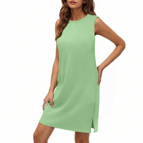 PiGOGI Women's Solid Dress - Sexy Round Neck Sleeveless Casual Comfortable All Occasion Flowy Boho Dress Green