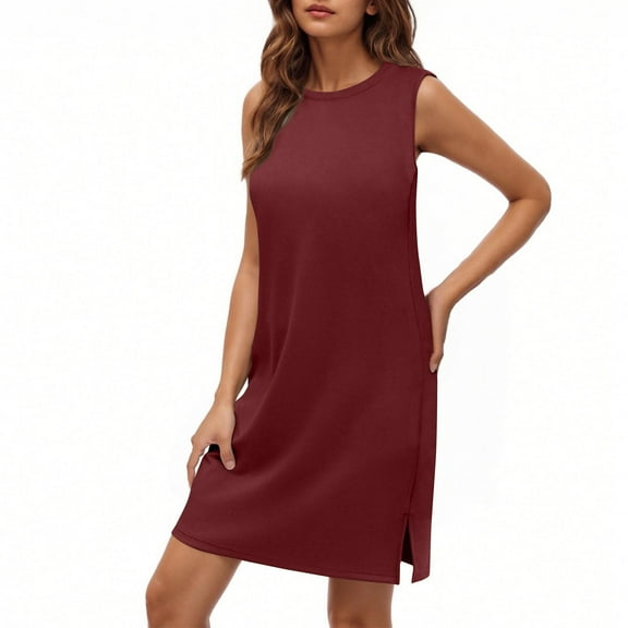 PiGOGI Women's Solid Dress - Sexy Round Neck Sleeveless Casual Comfortable All Occasion Flowy Boho Dress Wine