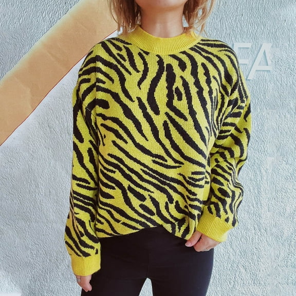 PiGOGI Women's Solid Knit Pullover Contrast Trim Round Neck Long Sleeve Sweater Casual Loose Fit Top Comfortable Fashion Winter Fall Blouse Yellow S