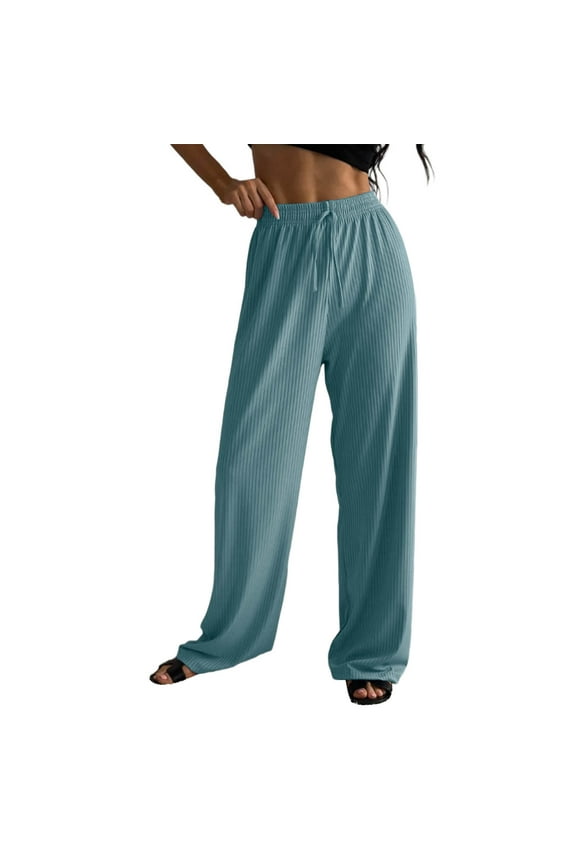 Women's Solid Ribbed Elastic Jogging Sports Wide Leg Pants Casual Comfortable Lounge Trousers Green S