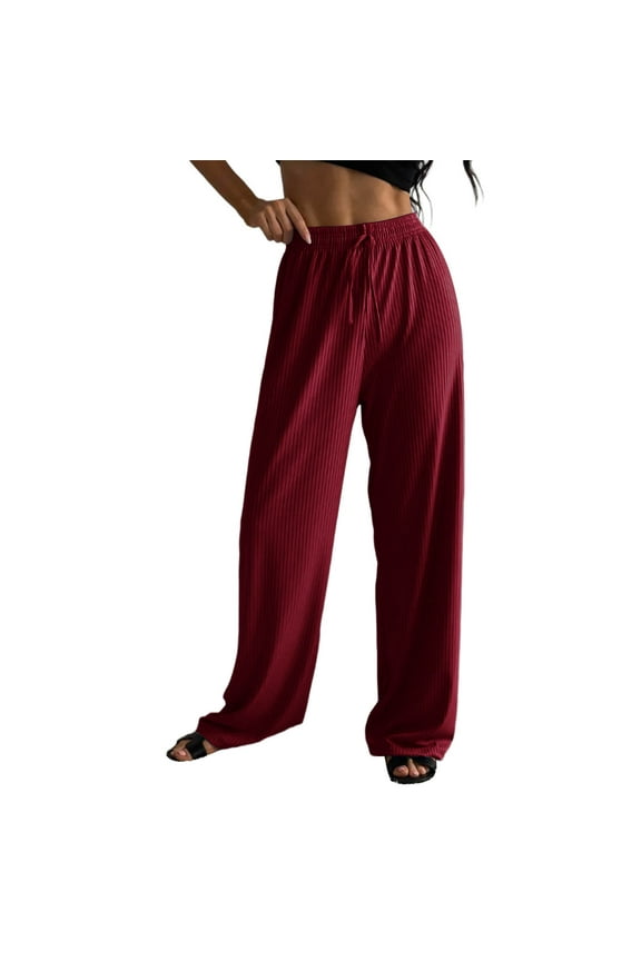 Women's Solid Ribbed Elastic Jogging Sports Wide Leg Pants Casual Comfortable Lounge Trousers Wine XL