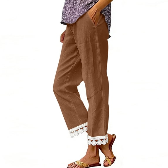 PiGOGI Women's Solid Ruffle Elastic High Waist Cotton Linen Long Pants, Casual Loose Trousers with Pockets, Daily/Beach/Vacation Wide Leg Coffee XL