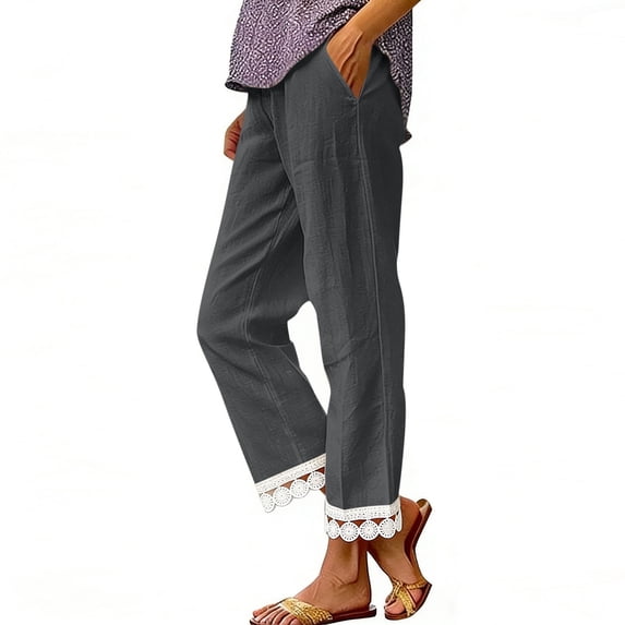 PiGOGI Women's Solid Ruffle Elastic High Waist Cotton Linen Long Pants, Casual Loose Trousers with Pockets, Daily/Beach/Vacation Wide Leg Gray XL