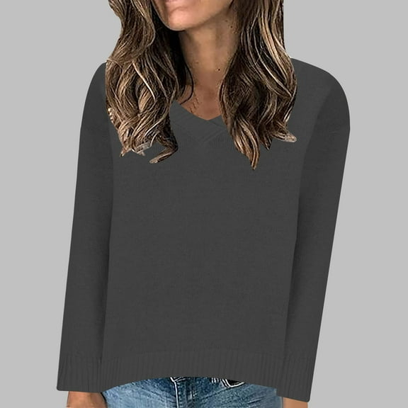 PiGOGI Women's Solid V-Neck Long Sleeve Pullover Sweater Casual Knit Top for All Seasons Gray S