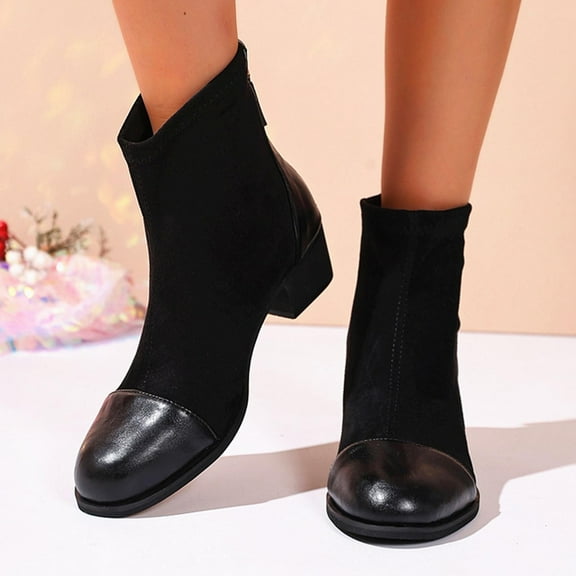 PiGOGI Women's Spliced Ankle Boots for Women Mid Heel Back Zipper Round Toe Elastic Panels Winter Casual Boots Black 41