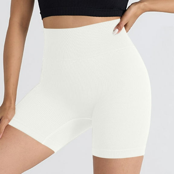 PiGOGI Women's Sports Pants Fitness Shorts - High Waist Compression Breathable Yoga Shorts White S